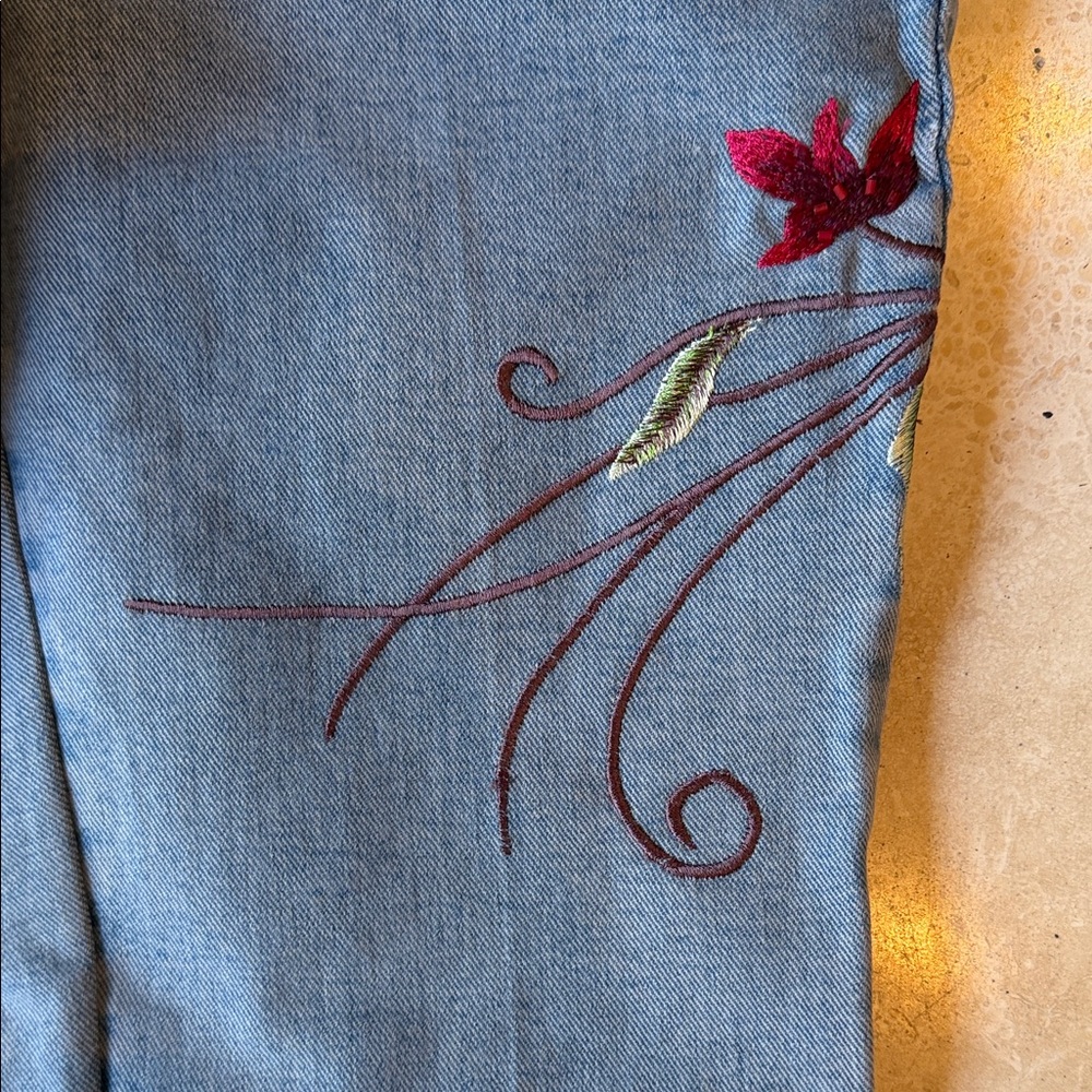 Floral Embroidered Blue Flare Jeans - Picture 3 of 6